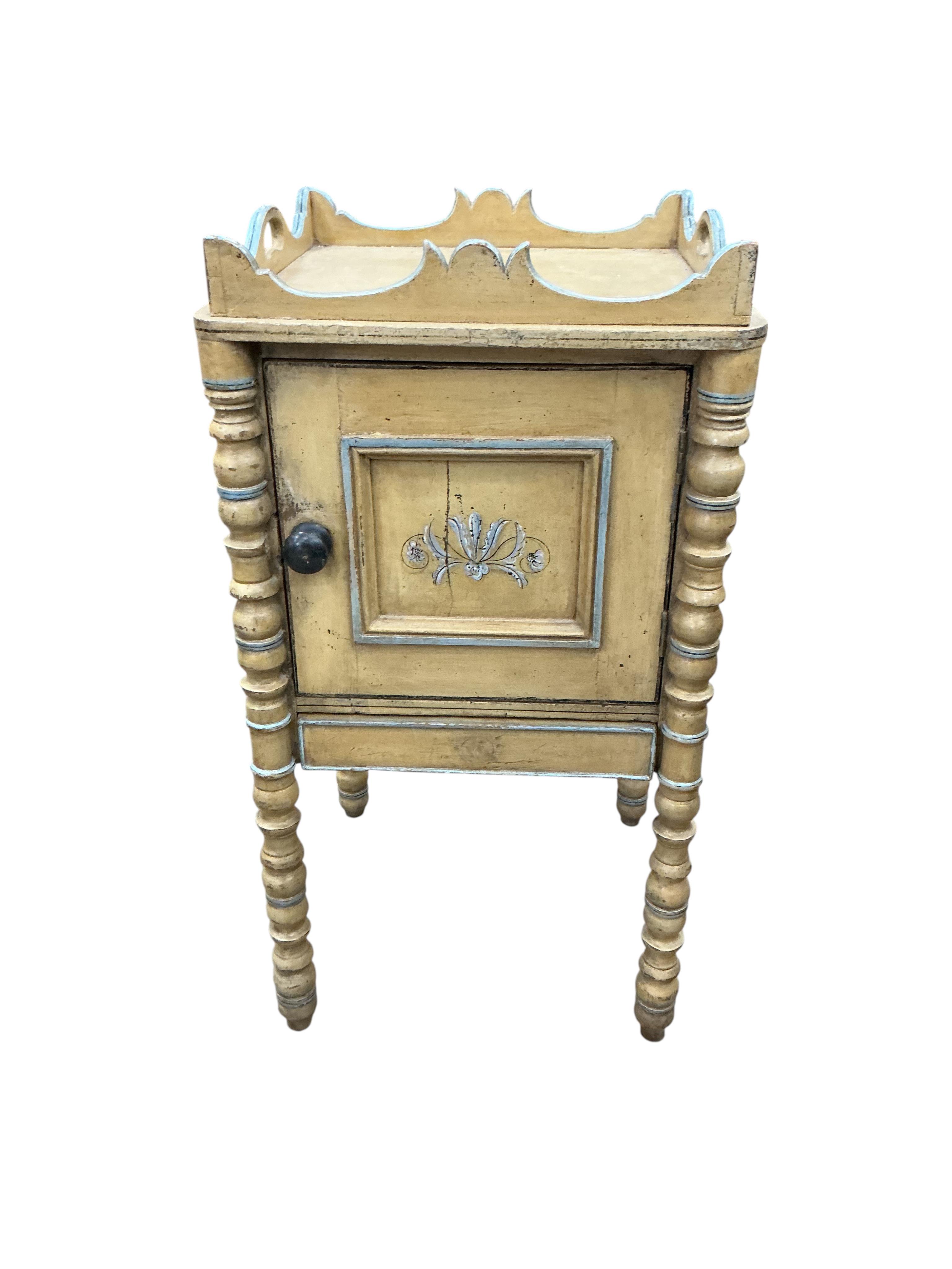 A 19th century painted pine tray top bedside cabinet, width 38cm, depth 35cm, height 71cm